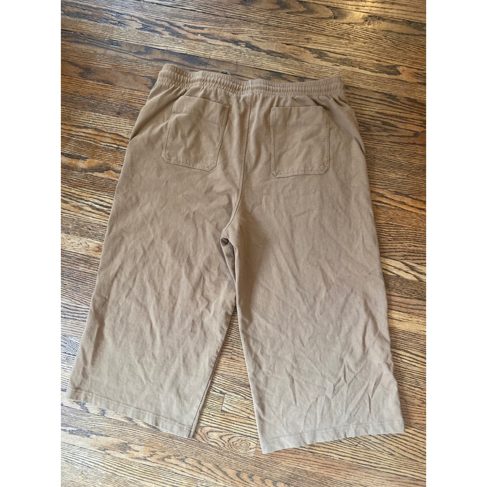 Tan Wide Leg Culotte Crop Pants Elastic Drawstring Waist Loungewear Trousers - Picture 2 of 3